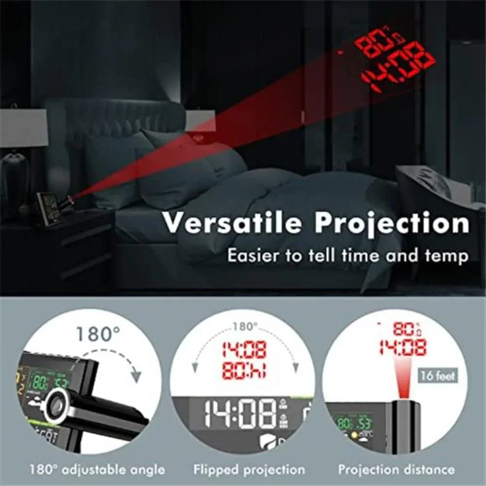 Projection Alarm Clock Ceiling Display Wireless Outdoor Thermometer Dual Alarm